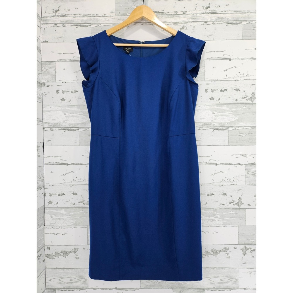 Talbots Petites Blue Italian Flannel Wool Ruffle Sleeve Sheath Dress 14P